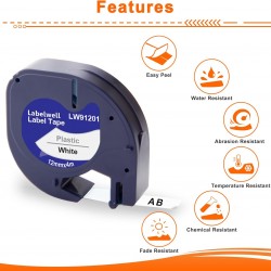 91201 Dymo LetraTag 12mm x 4m Plastic Tape Black on White Compatible (SO721610)