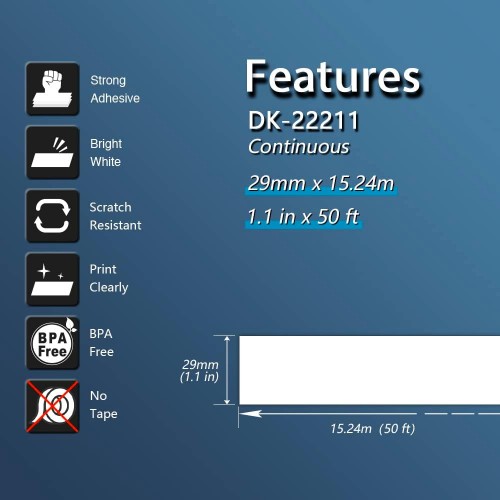 Brother DK22211 29mm Continuous Length Compatible White Film Label