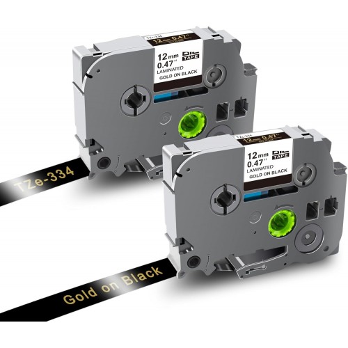 Tze334 Gold on Black 12mm x 8m Brother Ptouch label tape compatible 